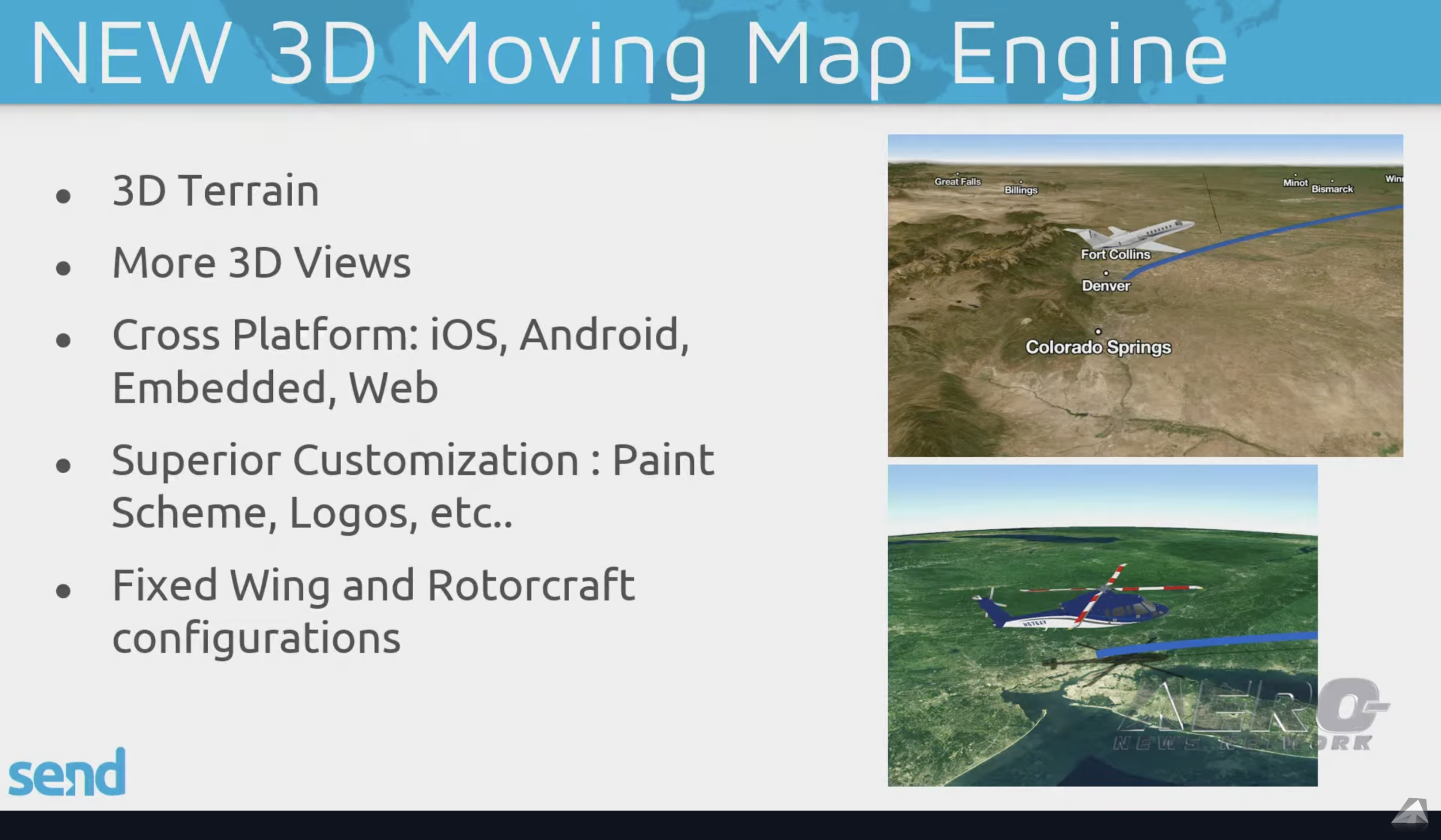 SEND new 3D moving map engine showing terrain views for fixed-wing and rotorcraft